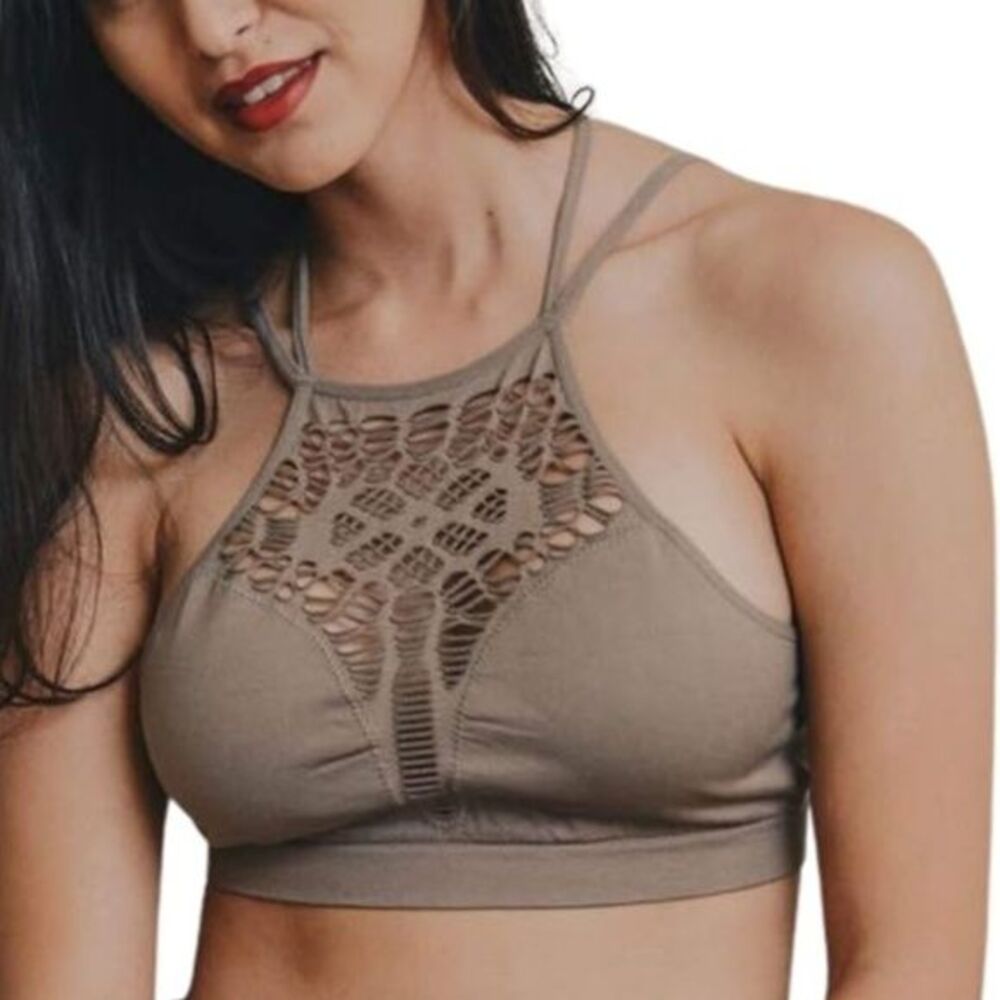 Victorias Secret Tan Bralette Small Petite Racerback Lace High Neck Cut out